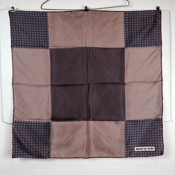 Daniel la Foret Silk Scarf Checkered Geometric Burgundy Handrolled Hem - Picture 2 of 6